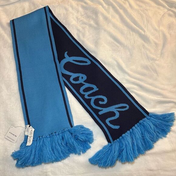 Coach Varsity Logo Knit Scarf Deep Blue Turquoise Wool Blend NWT